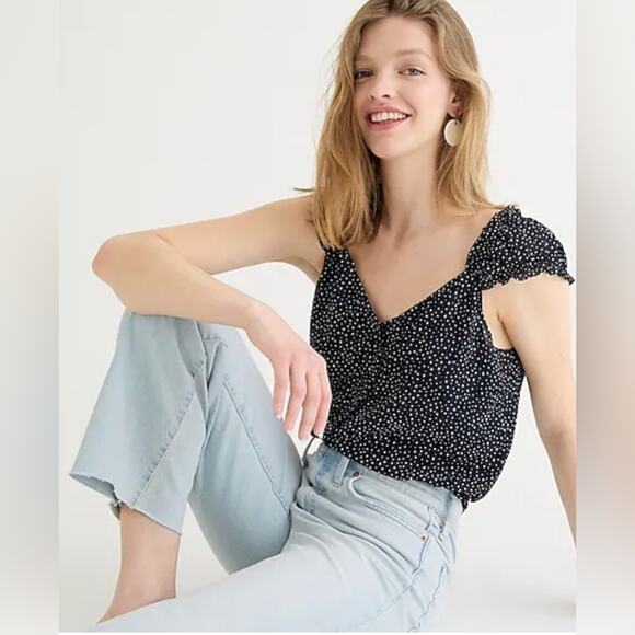 J.Crew NWT Navy Polka Dot Chiffon Cap Sleeve Blouse Top Size Large - Picture 1 of 9